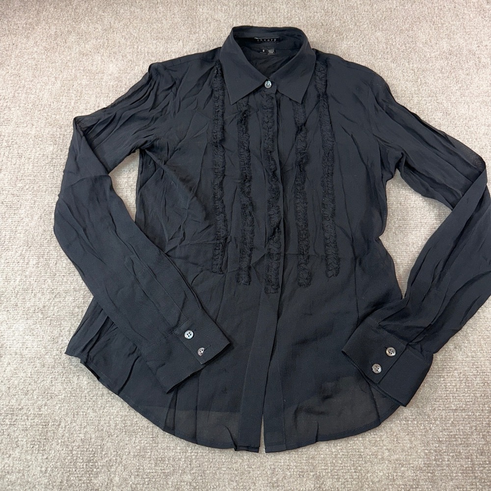 Theory Black Silk Ruffle Front Button Down Blouse Long Sleeve Semi Sheer Small